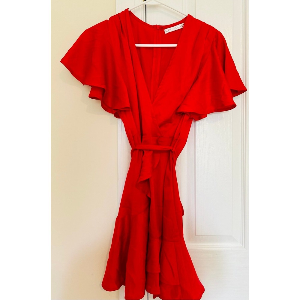 Saints + Secrets Red Satin Flutter Sleeve‎ Ruffle Mini Dress Small